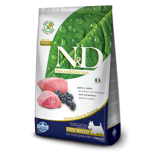 N&D DOG LAMB & BLUEBERRY ADULT MINI(Дикий ягнёнок,Черника), Беззерновой, для взрослых собак мелких пород - 0,8 кг.