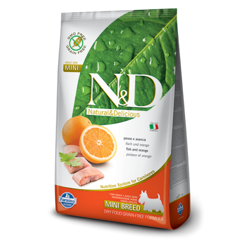 N&D DOG FISH & ORANGE ADULT MINI(Треска,Апельсин), Беззерновой, для взрослых собак мелких пород - 2,5 кг. N&D DOG FISH & ORANGE ADULT MINI(Треска,Апельсин), Беззерновой, для взрослых собак мелких пород - 2,5 кг.